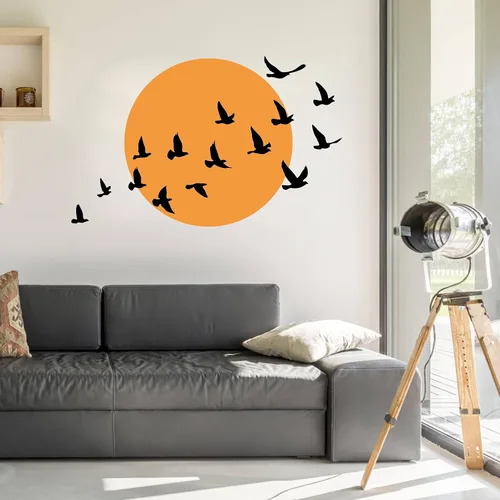 Calcomanía de pared de pájaros y sol, círculos grandes con pájaros, arte de pared minimalista, calcomanías de pared modernas para sala de estar,