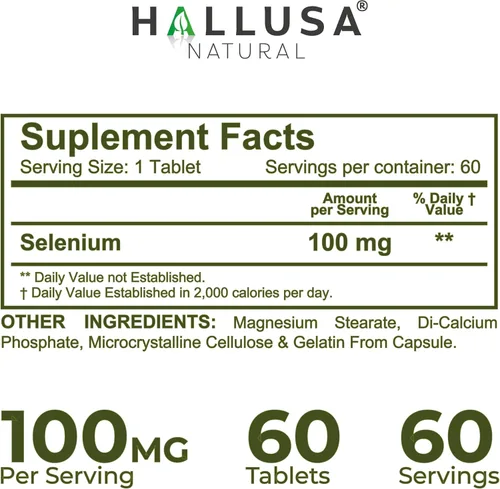 Miniatura 6 de Hallusa Natural Selenio 60 Tabletas, Antioxidante y Apoyo Inmunológico, Salud del Corazón - Suministro para 60 Días