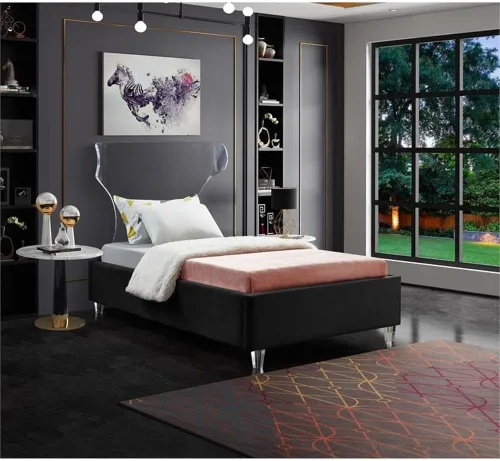 Miniatura 2 de Meridian Furniture Colección Ghost Modern Cama tapizada de terciopelo contemporánea con cabecera y patas acrílicas, tamaño individual, color negro