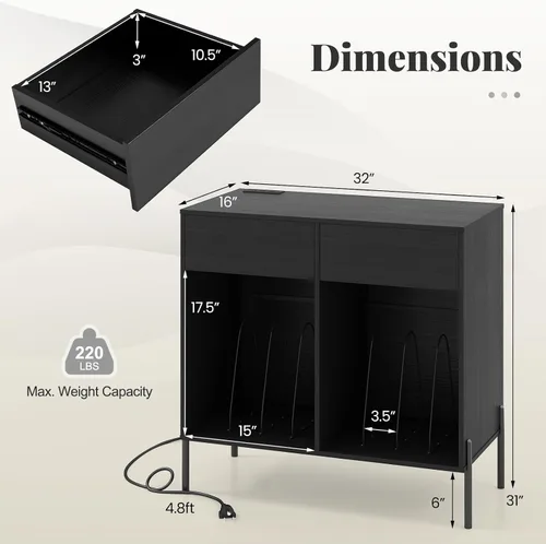 Miniatura 2 de Giantex Soporte grande para tocadiscos con estación de carga, soporte giratorio de madera de mediados de siglo con 2 cajones de almacenamiento