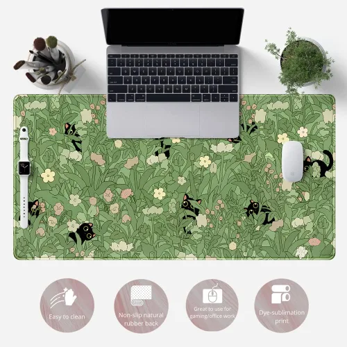 Miniatura 6 de Tapete de Escritorio Verde XL Gato Lindo Planta Genial Almohadilla de Escritorio Tapete de Teclado Kawaii Gato Negro Flor Mousepad Tapete de B-cat
