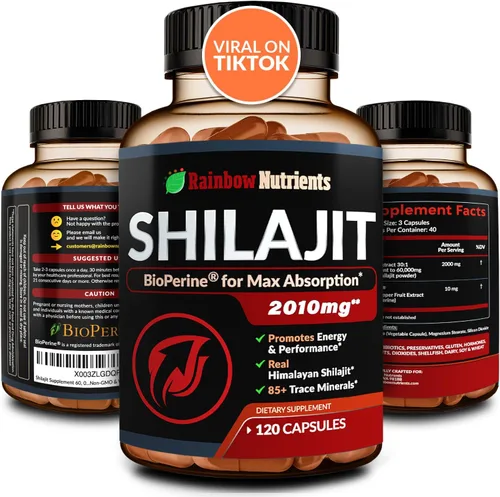 Suplemento puro de cápsulas de Shilajit del Himalaya (2,010 mg + potenciador de absorción+50% ácido fúlvico) Shilajit natural 30:1 con más de 85