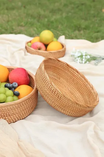 Miniatura 6 de HITOMEN Cestas de pan de ratán hechas a mano redondas de mimbre para servir frutas, cuencos de almacenamiento de frutas de tejido natural