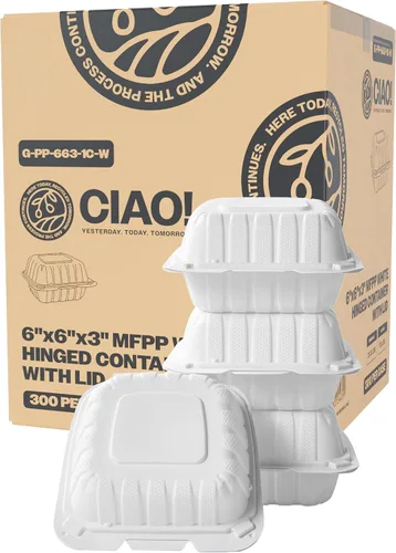 Miniatura 11 de CIAO! Contenedor blanco con bisagras MFPP de 9"x9"x3" con tapa 1 compartimento (caja de 150)