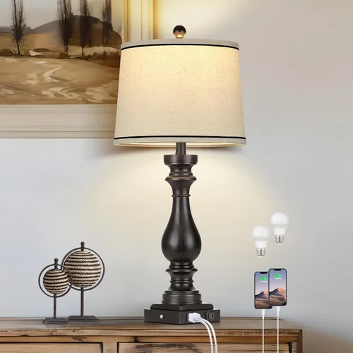Rinweey - Lámpara de mesa de granja de 29" para sala de estar, lámpara de mesita de noche vintage con puertos USB C+A y salida de AC, lámpara de