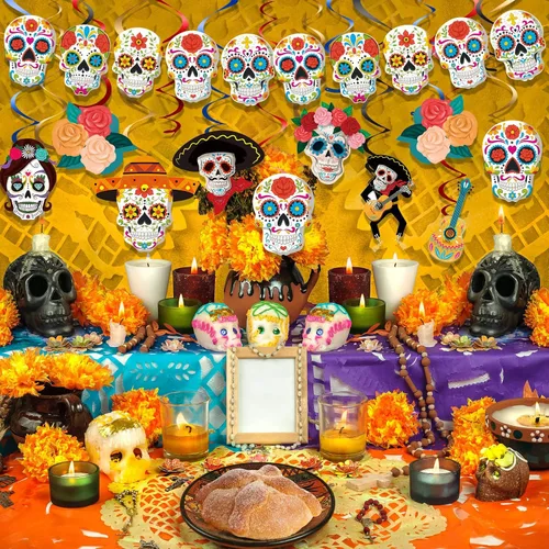 Miniatura 7 de 24 piezas de accesorios para cabina de fotos del Día de los Muertos, decoración colgante de fiesta de calavera para el Día de los Muertos