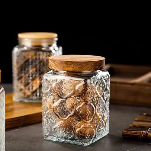 Miniatura 8 de Juego de 2 tarros de almacenamiento herméticos de vidrio vintage, con tapa de madera hermética, recipientes de almacenamiento de alimentos