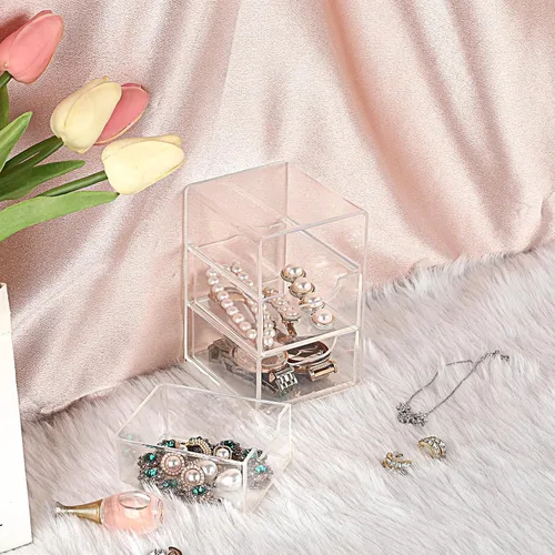 Miniatura 7 de BTSKY Paquete de 1 organizador de almacenamiento de acrílico pequeño con cajones, organizador de escritorio transparente de 3 capas para suministros