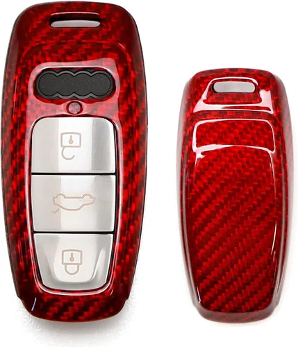 iJDMTOY Funda para llavero de fibra de carbono, color rojo brillante, compatible con Audi 2019 en adelante A6 A7 E-Tron A8 Q8, llavero inteligente