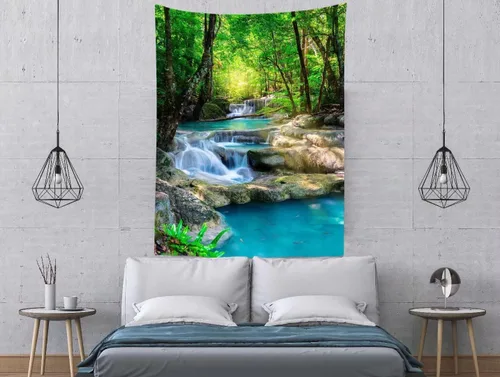 Miniatura 3 de BELECO Tapiz de bosque verde, hermoso tapiz de cascada de selva tropical, bosque de primavera, paisaje natural, fondo de fotos, tapices de pared