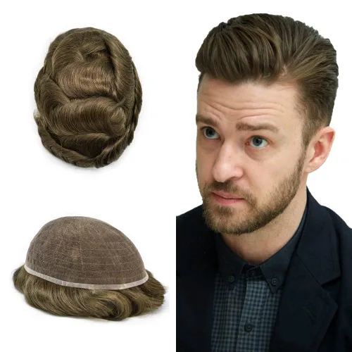 Miniatura 41 de Toupee para hombres Piezas de cabello humano real, encaje francés completo para hombres, pieza de cabello, nudos blanqueados, línea capilar natural