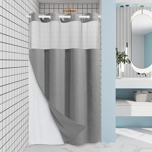 Miniatura 44 de EUTXL Cortina de ducha beige sin gancho con forro a presión, cortinas de ducha de tejido gofre de 230 GSM para baño, 54 pulgadas de ancho x 80