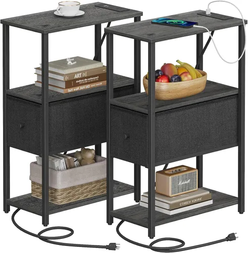 Miniatura 16 de TUTOTAK Mesa auxiliar pequeña y estrecha con LED y estación de carga, mesa lateral con tomas de corriente, mesita de noche con 2 cajones de tela
