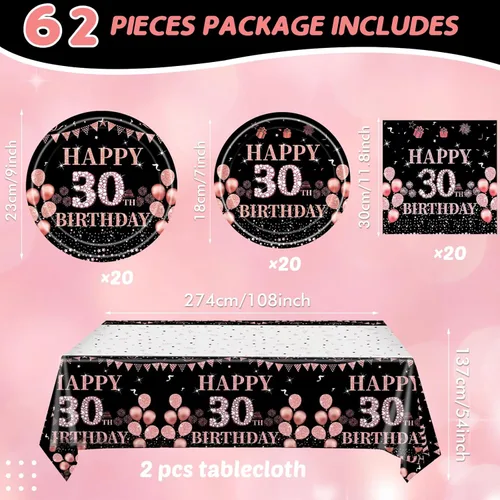 Miniatura 2 de 62 decoraciones de cumpleaños número 30 para niñas y ella, suministros de fiesta de cumpleaños de oro rosa incluyen 20 platos de 7 pulgadas, 20