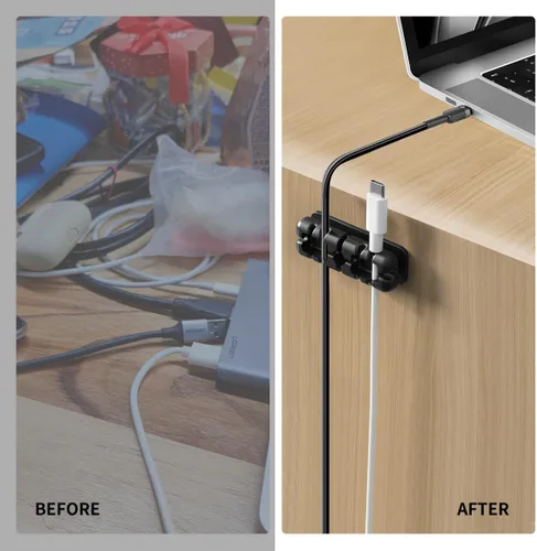 Miniatura 6 de 5 clips organizadores de cables negros, clips adhesivos de silicona para cables de carga, organizador de cables para escritorio, mesita de noche