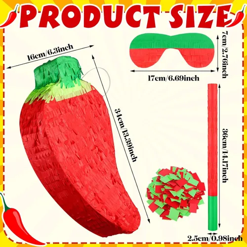 Miniatura 3 de Meooeck Piñata de chile rojo con palito de piñata y venda, piñata divertida para fiesta de festivales de pimiento picante, decoración de fiesta