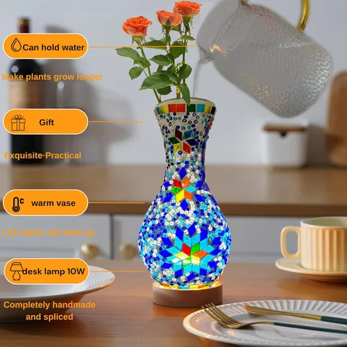Miniatura 2 de Lámpara de mesa turca marroquí con mosaico, jarrón de vidrio hecho a mano con base de madera, iluminación decorativa para dormitorio, sala de estar
