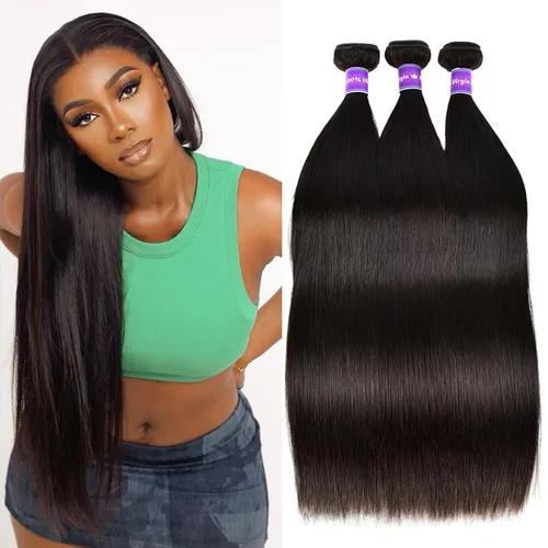 Miniatura 8 de 3 manojos de cabello humano brasileño lacio ondulado grado 10A, cabello virgen Remy sin procesar, 24, 26, 28 pulgadas, paquetes de cabello lacio