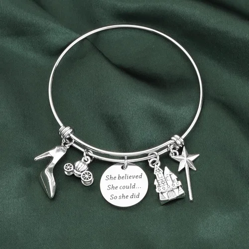 Miniatura 6 de PLITI Pulsera ajustable de acero inoxidable con texto en inglés "She Believed She Could So She Did", regalo para fanáticos de hadas