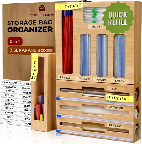 Organizador de cajones de cocina, organizador de bolsas de almacenamiento de sándwiches 9 en 1 y dispensador de papel de aluminio, se adapta a un