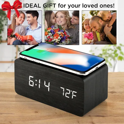 Miniatura 6 de OCT17 Reloj despertador con almohadilla de carga inalámbrica Qi compatible con iPhone Samsung, reloj digital LED de madera, función de control