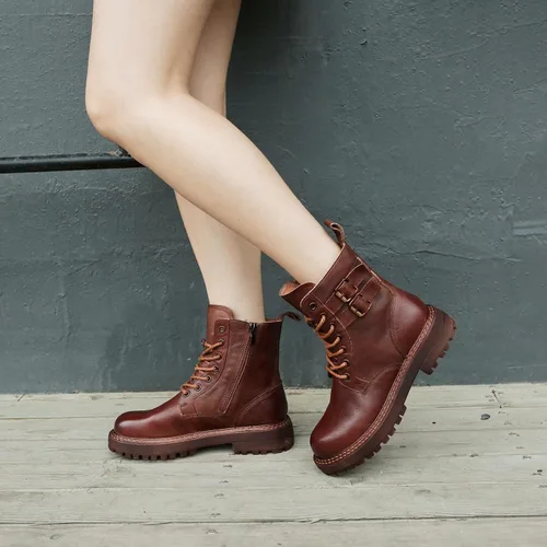 Miniatura 6 de Botines de cuero para mujer, con cordones, tacón bajo
