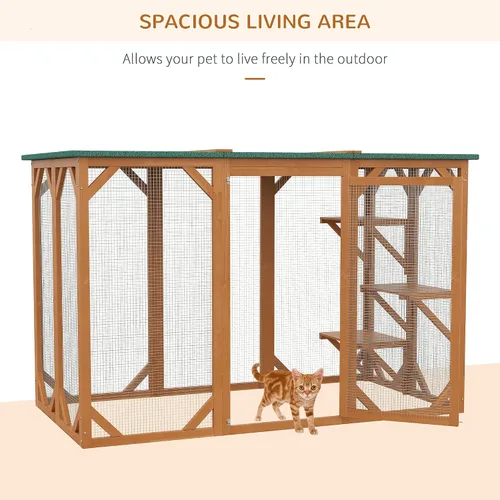 Miniatura 6 de PawHut Casa para gatos al aire libre, refugio de madera para gatos Catio, jaula para gatos con plataformas, puerta de entrada grande, techo