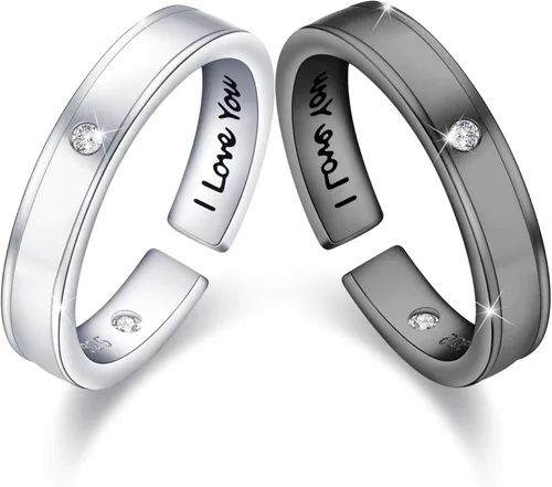 OHAYOO 925 Sterling Silver Couple Rings I Love You Promise Rings Open Rings Adjustable Engagement Wedding Band Sets Jewelry for Men Women