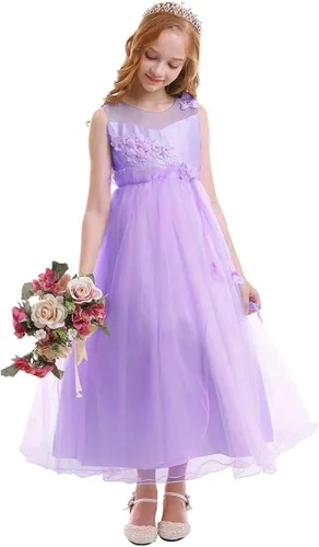 Miniatura 4 de Vestido maxi de tul para niñas con tutú y flores de encaje, largo hasta el piso, para boda, dama de honor, fiestas