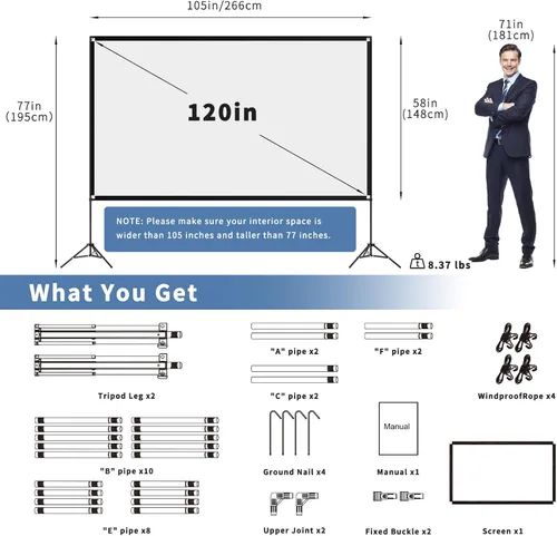 Miniatura 3 de VISULAPEX Pantalla de proyector con soporte de 120 pulgadas, pantalla de proyector portátil HD 16:9 4K HD para interiores y exteriores, pantalla