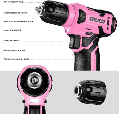 Miniatura 4 de DEKOPRO Juego de taladros, juego de herramientas para el hogar con taladro inalámbrico rosa de 8 V, kit de herramientas manuales para mujeres, 126