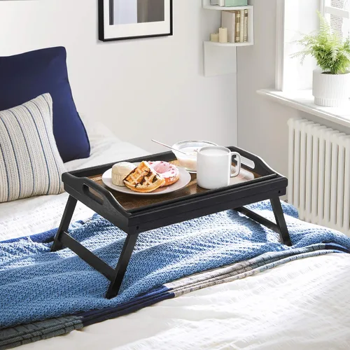 Miniatura 3 de SONGMICS Mesa de cama con patas plegables de bambú, bandeja de desayuno para sofá, bandeja de servir con ranura para tableta de teléfono, marrón