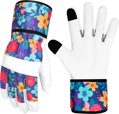 Miniatura 9 de Guantes de jardinería de cuero para mujer, guantes de jardín a prueba de espinas, diseño de pantalla táctil, guantes de trabajo resistentes