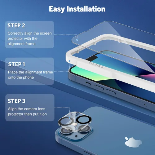 Miniatura 2 de OMOTON Protector de pantalla y protector de lente de cámara para iPhone 13 con ayuda de instalación de marco