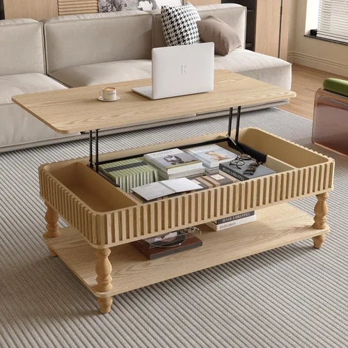 Miniatura 49 de 31.52" Square Lift Top Coffee Table with Storage, Natural Rattan & Hemp Rope, Adjustable Function, Vintage Farmhouse Center Table for Living Room