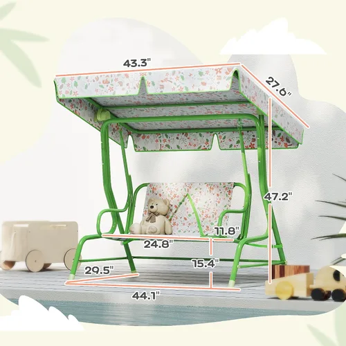 Miniatura 7 de Qaba Columpio de patio para niños, 2 plazas para porche al aire libre con toldo ajustable, cinturón de seguridad, banco colgante con patrón de zorro
