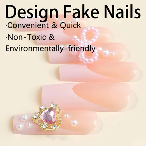 Miniatura 3 de Uñas postizas francesas a presión con forma de ataúd rosa estrella, diamantes de imitación, diseño brillante, cobertura completa, uñas acrílicas, 24