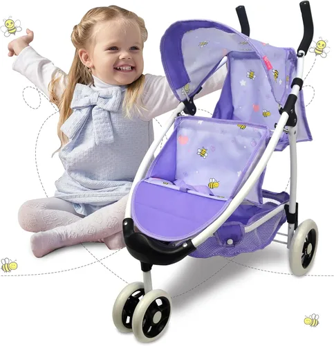 Anivia - Cochecito de muñeca de juguete realista para muñecas gemelas, cochecito de muñeca con cesta de la compra, diseño de corazón, regalos para
