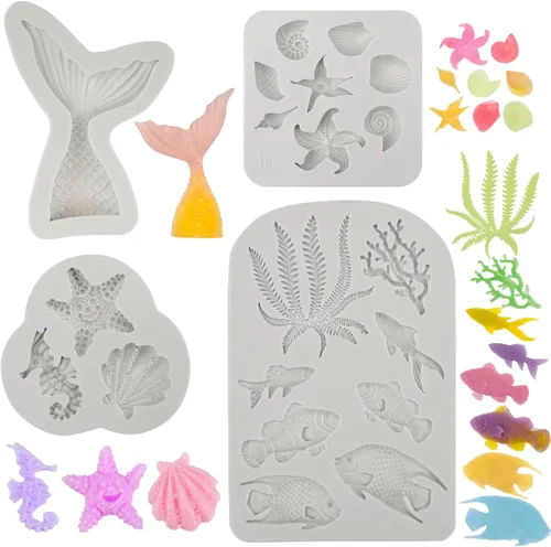 Miniatura 14 de Beasea Molde de fondant para pastel de sirena, 3 piezas de caballito de mar, estrella de mar, cola de sirena, molde de silicona para conchas