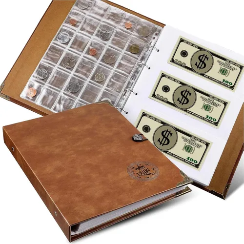 Miniatura 8 de Zonon Álbum de monedas para coleccionar monedas, soporte para libros con 150 bolsillos para monedas y 240 bolsillos de papel para monedas, de piel
