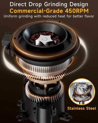 Miniatura 5 de Molinillo de café cónico con rebabas de acero inoxidable de 1.575 pulgadas, 34 ajustes de molienda y antiestático, molinillo eléctrico para expreso