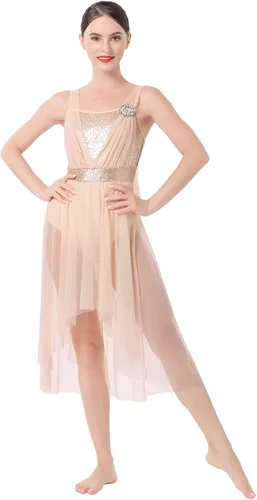 ODASDO Vestido de baile lírico moderno y contemporáneo para mujer, disfraz de lentejuelas de tul de malla, falda alta y baja, ropa de ballet