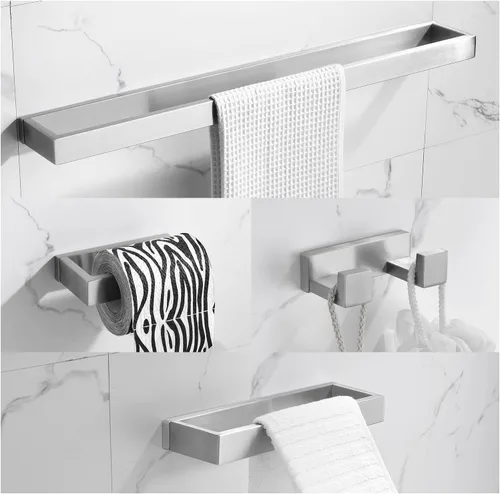 Miniatura 14 de Juego de accesorios de baño de 4 piezas, toallero, toallero, gancho para bata, soporte para papel higiénico, acero inoxidable, Q8-P4BR Níquel