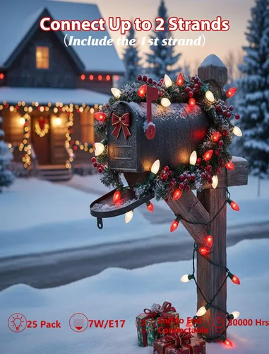 Miniatura 3 de Luces de Navidad C9 rojas y blancas de 25 pies, cadena de luces de Navidad C9 impermeables con 26 bombillas rojas y blancas, luces de Navidad Luz