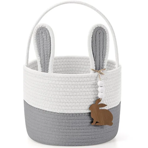 Miniatura 9 de SiliFine Cesta de Pascua para niños, cesta de conejo de Pascua con etiqueta de nombre, oreja de conejo desmontable, regalo tejido rústico para niñas
