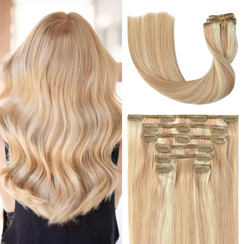 Miniatura 13 de UGOTRAYS Extensiones de cabello humano real de color rubio fresa a rubio decolorado, 12 pulgadas, lacio, doble trama, cabello Remy con clip, 2.47