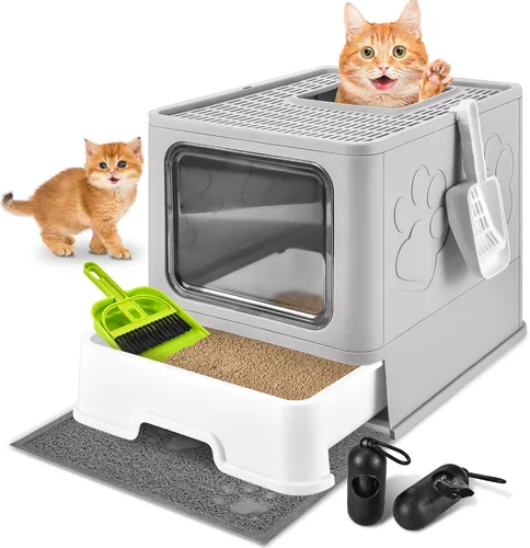 Miniatura 12 de Caja de arena cubierta para gatos con alfombrilla de arena, plegable, extra grande, puerta ajustable de doble entrada, diseño de cajón, caja de Azul