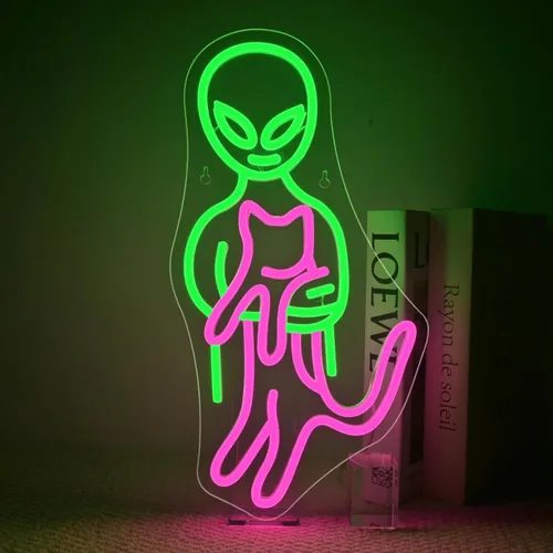ineonlife Letrero de neón de gato alienígena gracioso, letreros de neón en verde y rosa, artículos de gato alienígena para pared, cueva de hombres,