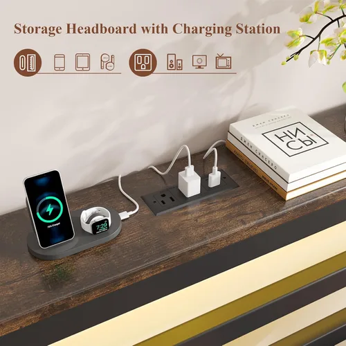 Miniatura 4 de E-Motie Marco de cama tamaño doble con cabecera de almacenamiento, plataforma industrial con estación de carga y luces LED, espacio