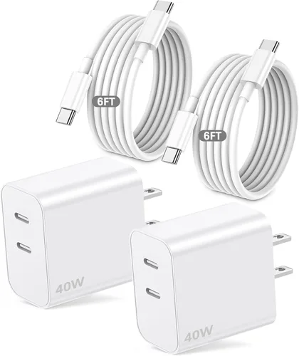 Cargador de 40 W para iPhone 17 de carga rápida, paquete de 2 bloques de carga de pared USB C de doble puerto con cable USB C a USB C de 6 pies para